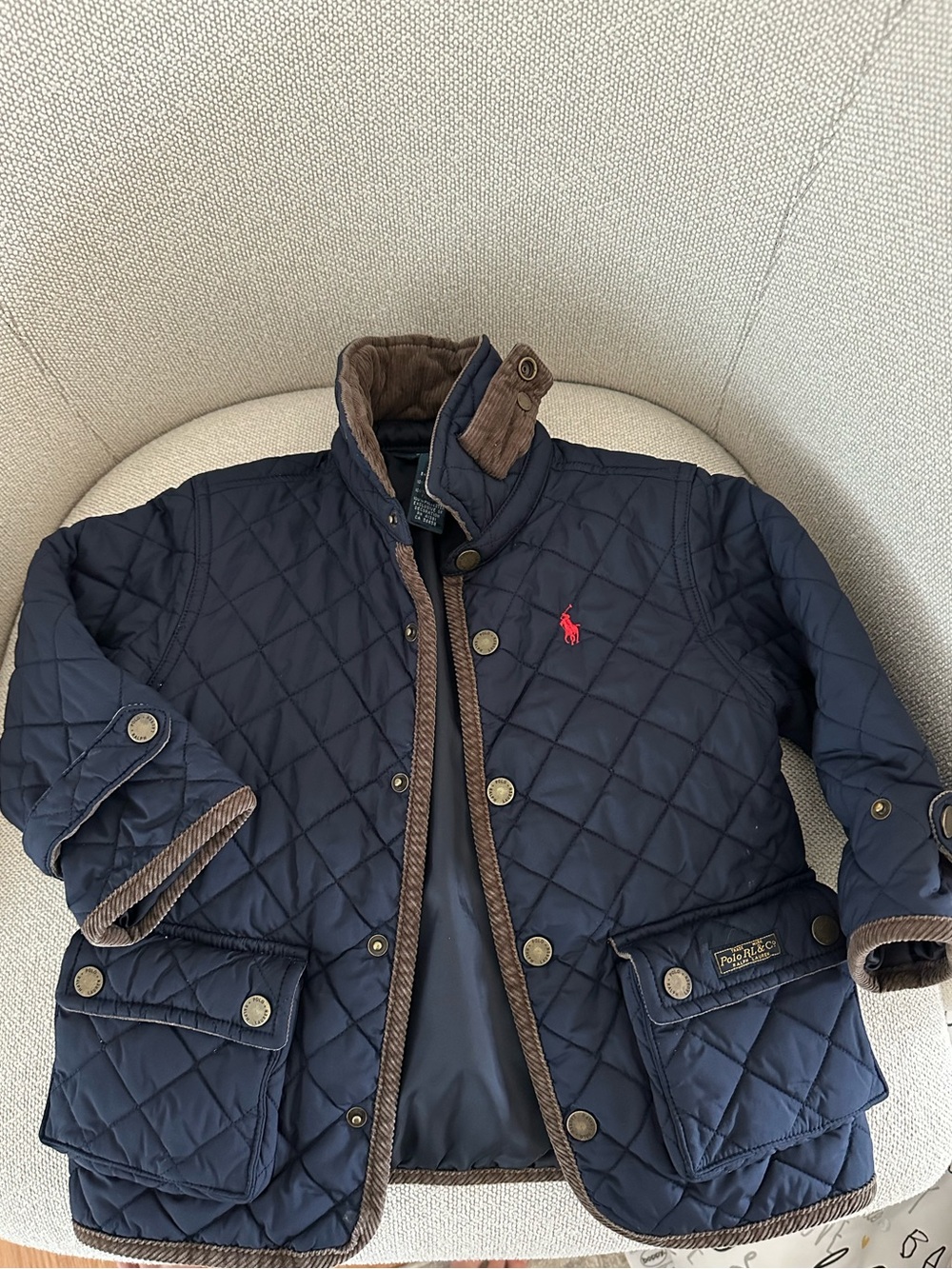 Polo by Ralph Lauren Toddler 2/2T Navy Quilted Puffer Jacket with Brown Trim